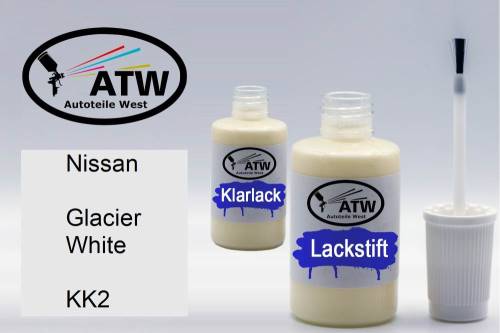 Nissan, Glacier White, KK2: 20ml Lackstift + 20ml Klarlack - Set, von ATW Autoteile West.